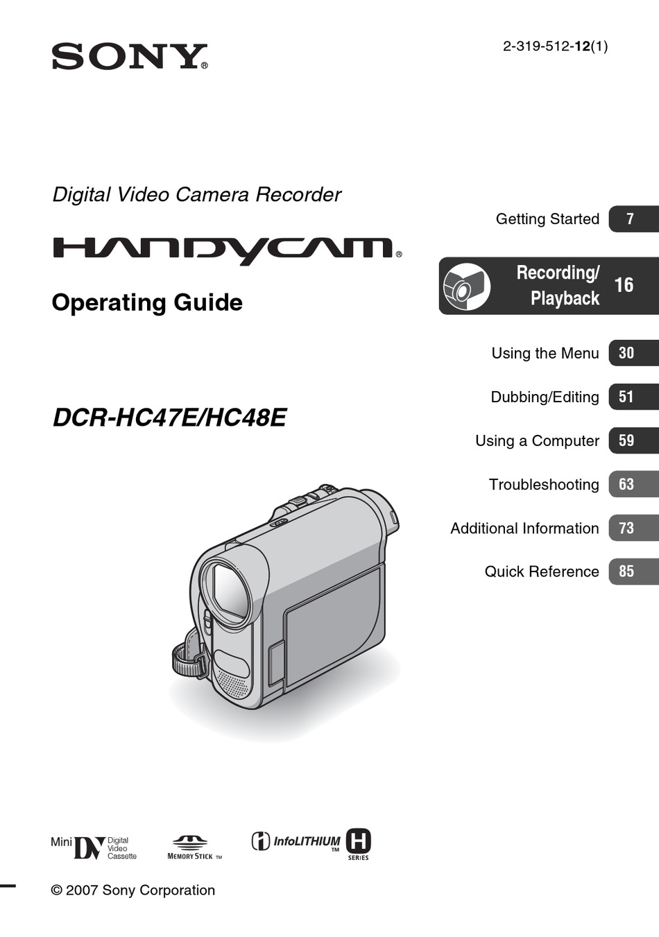 SONY HANDYCAM DCR-HC47E CAMCORDER OPERATING MANUAL | ManualsLib