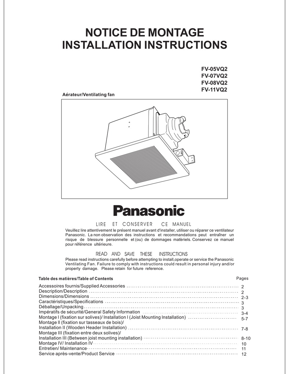 PANASONIC FV07VQ2 FAN INSTALLATION INSTRUCTIONS MANUAL ManualsLib