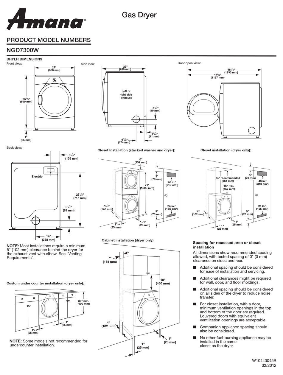 AMANA NGD7300W DRYER DIMENSION MANUAL ManualsLib