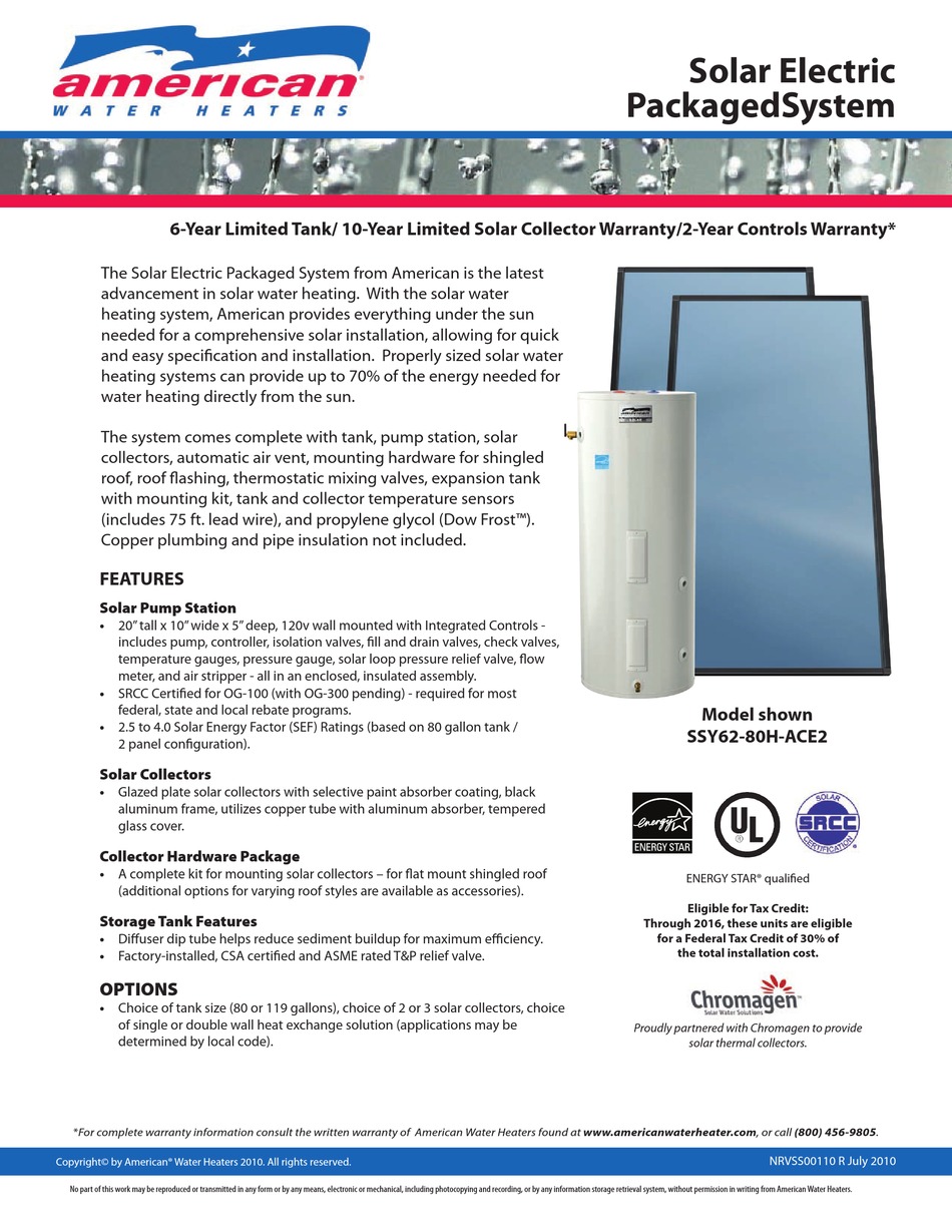 AMERICAN WATER HEATER SSY6280HACE2 WATER HEATER SPECIFICATION SHEET