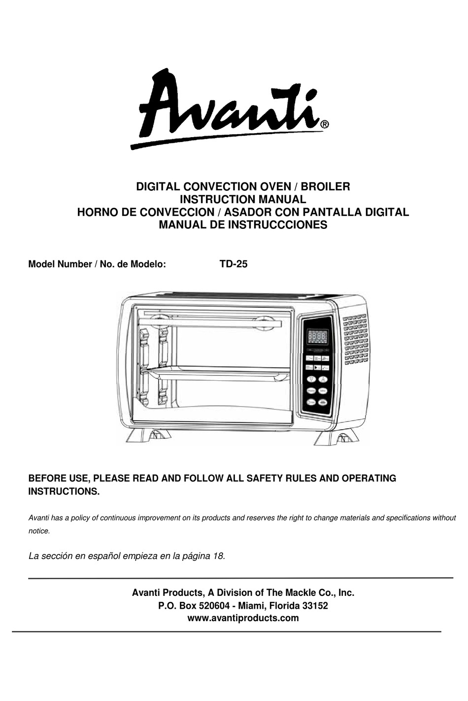 AVANTI TD25 CONVECTION OVEN INSTRUCTION MANUAL ManualsLib