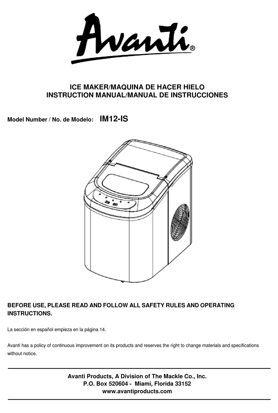 AVANTI IM12IS ICE MAKER INSTRUCTION MANUAL ManualsLib