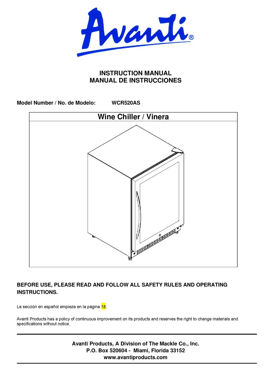 AVANTI WCR520AS WINE COOLER INSTRUCTION MANUAL ManualsLib