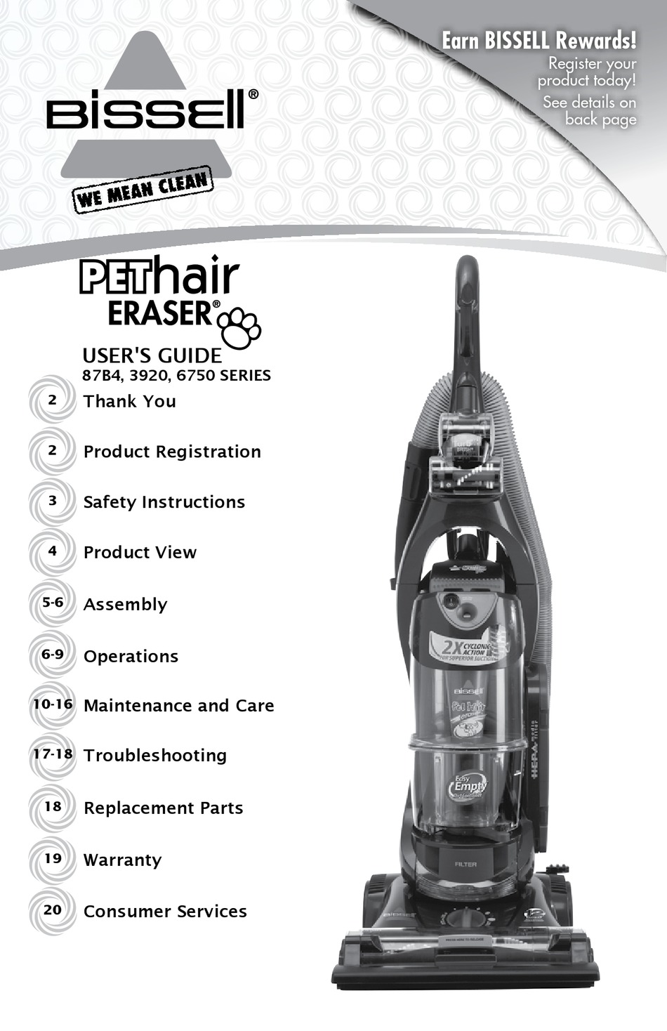 BISSELL PET HAIR ERASER 3 9 2 VACUUM CLEANER USER MANUAL | ManualsLib