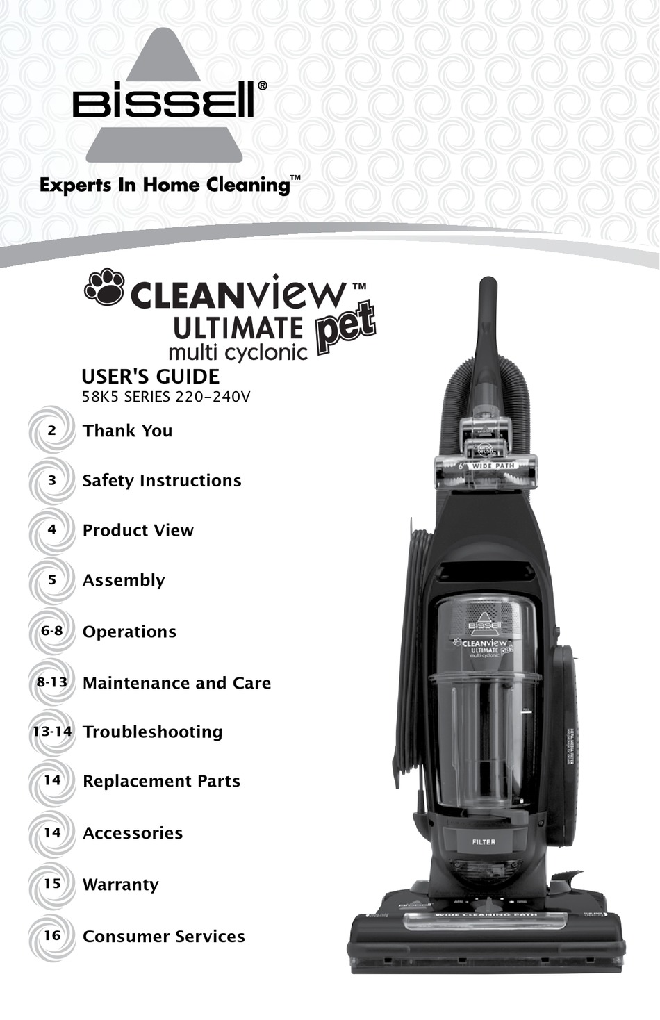 BISSELL CLEANVIEW PET ULTIMATE 58K5 SERIES VACUUM CLEANER USER MANUAL