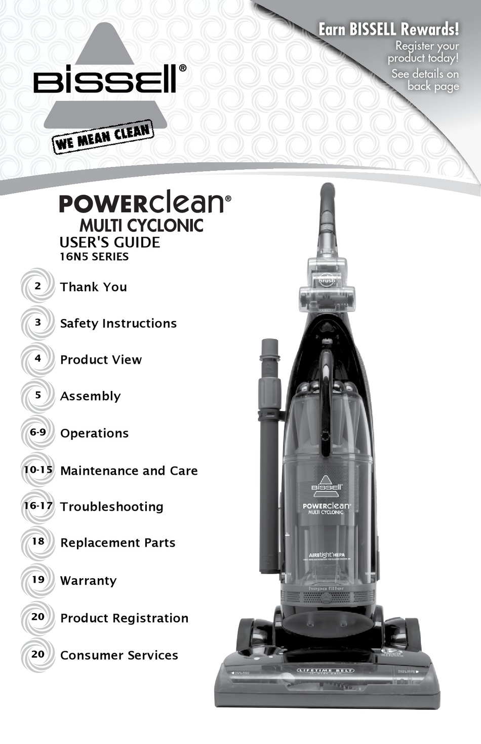 BISSELL POWER CLEAN 16N5 VACUUM CLEANER USER MANUAL | ManualsLib