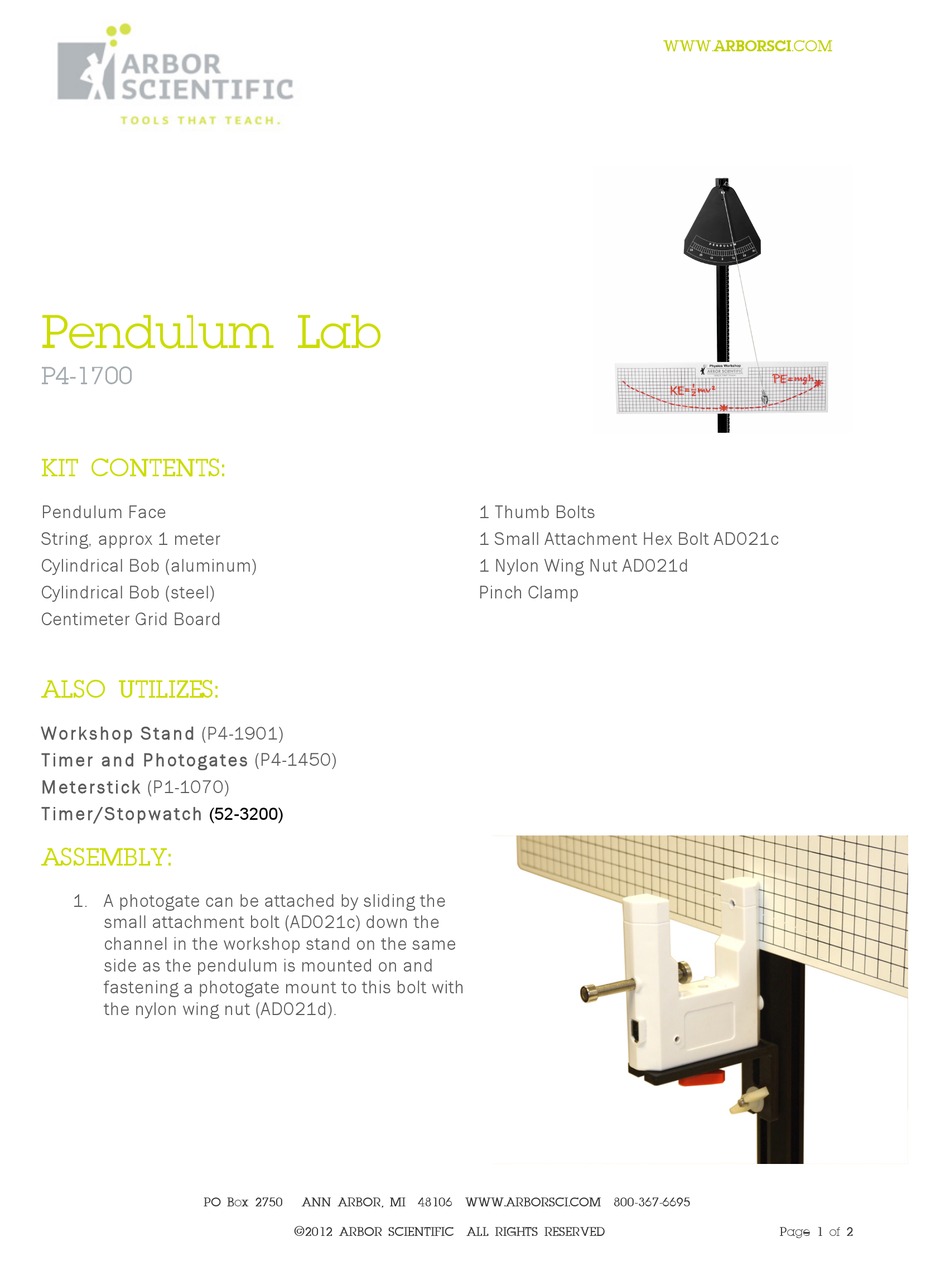 ARBOR SCIENTIFIC PENDULUM LAB QUICK START MANUAL Pdf Download ManualsLib