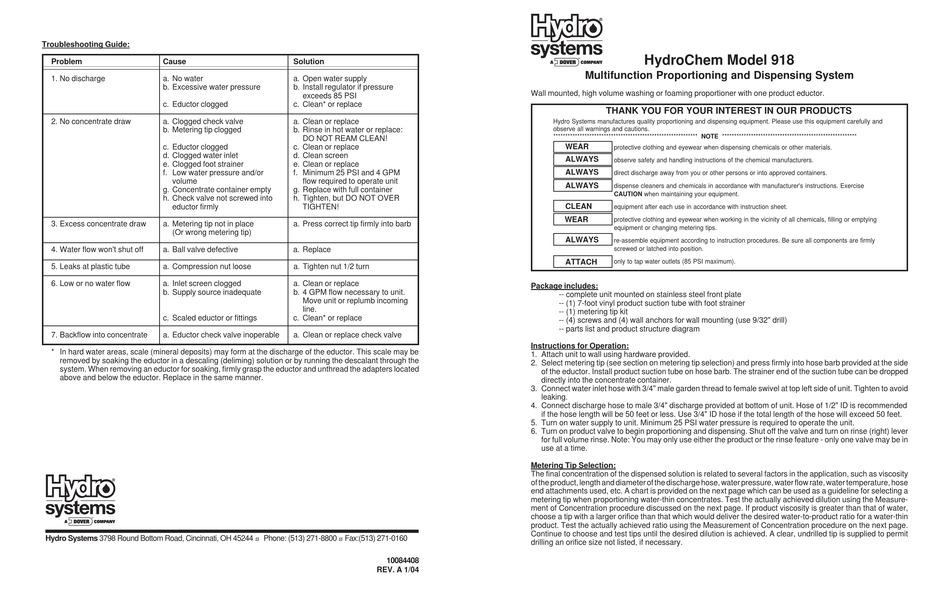 DOVER HYDRO SYSTEMS HYDROCHEM 918 MANUAL Pdf Download ManualsLib