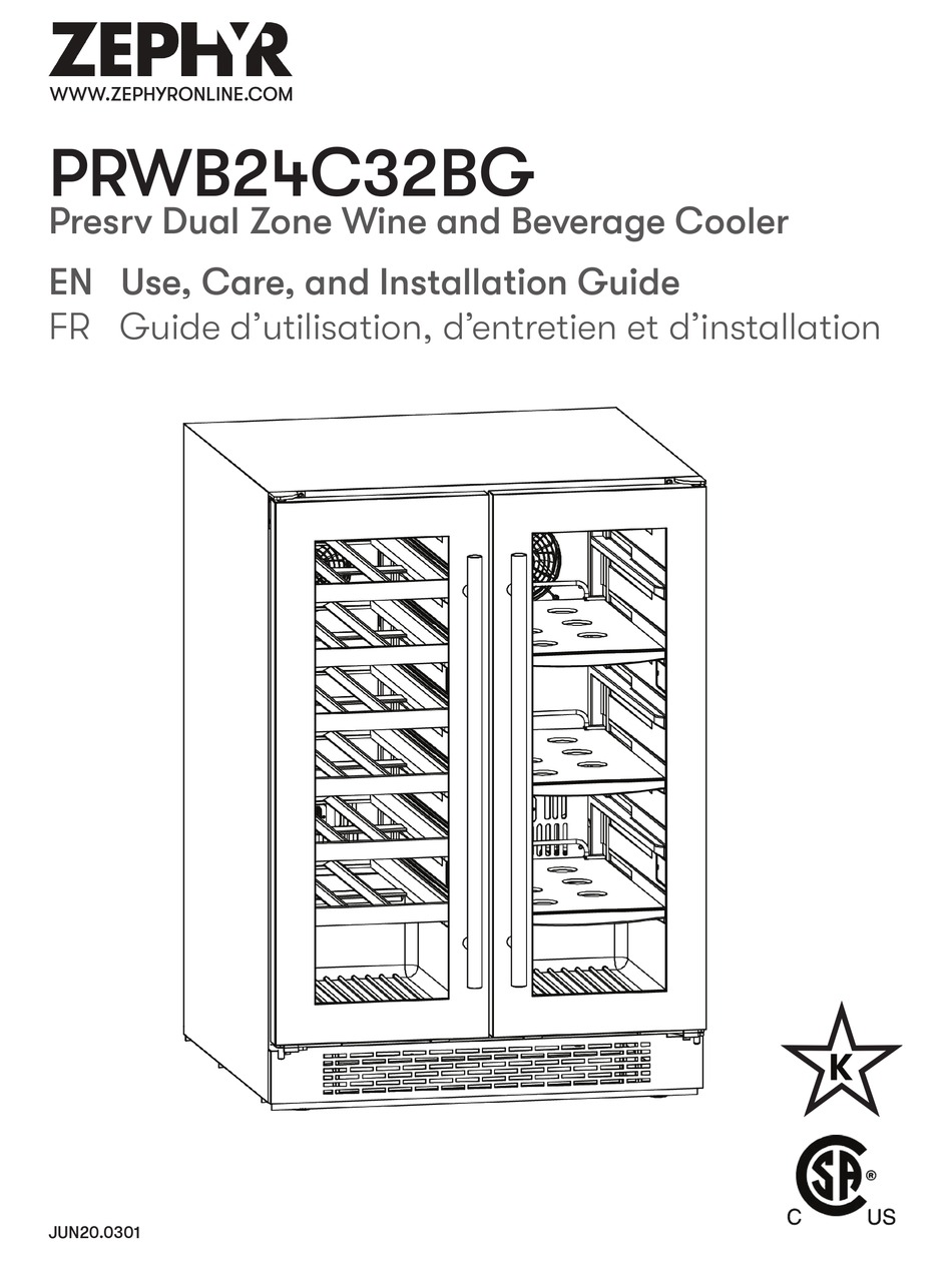 ZEPHYR PRESRV PRWB24C32BG USE, CARE AND INSTALLATION MANUAL Pdf