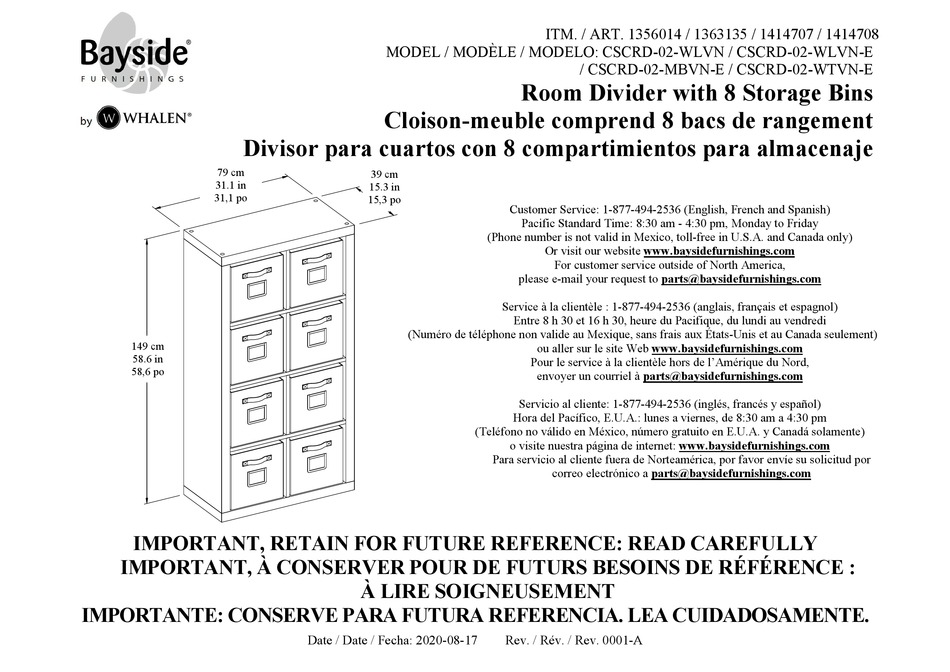 WHALEN BAYSIDE FURNISHINGS CSCRD02WLVN ASSEMBLY INSTRUCTIONS MANUAL