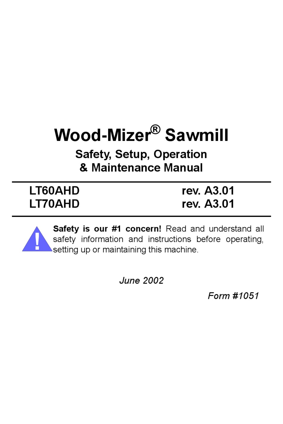 WOODMIZER LT60AHD SAFETY, SETUP, OPERATION & MAINTENANCE MANUAL Pdf