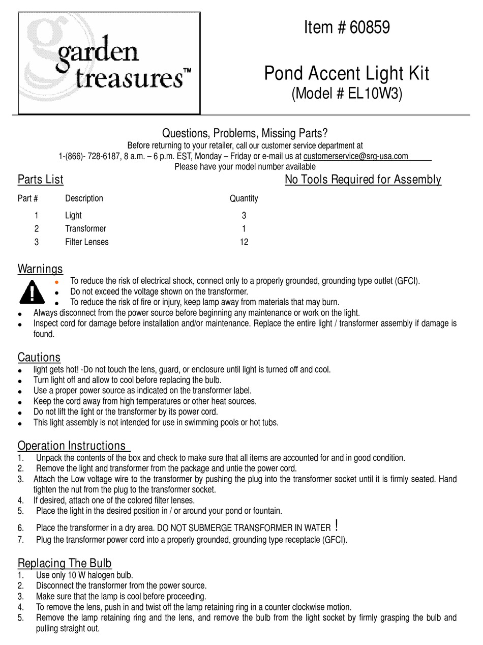 GARDEN TREASURES EL10W3 QUICK START MANUAL Pdf Download ManualsLib