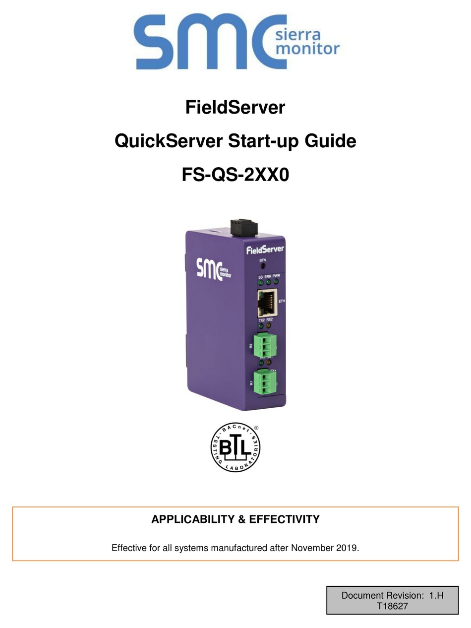 SMC NETWORKS FIELDSERVER FSQS2XX0 QUICKSERVER STARTUP MANUAL Pdf