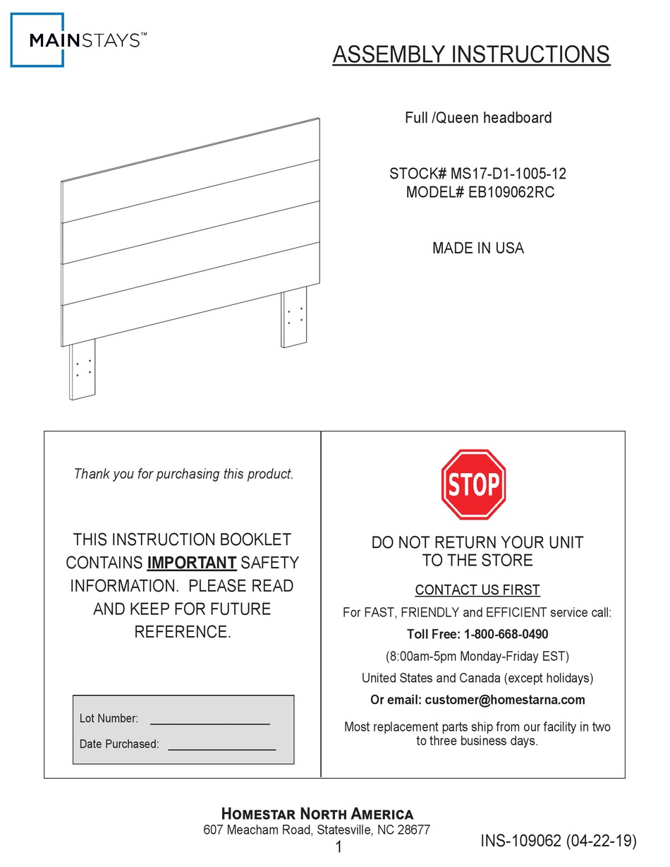 HOMESTAR MAINSTAYS EB109062RC ASSEMBLY INSTRUCTIONS MANUAL Pdf Download ...