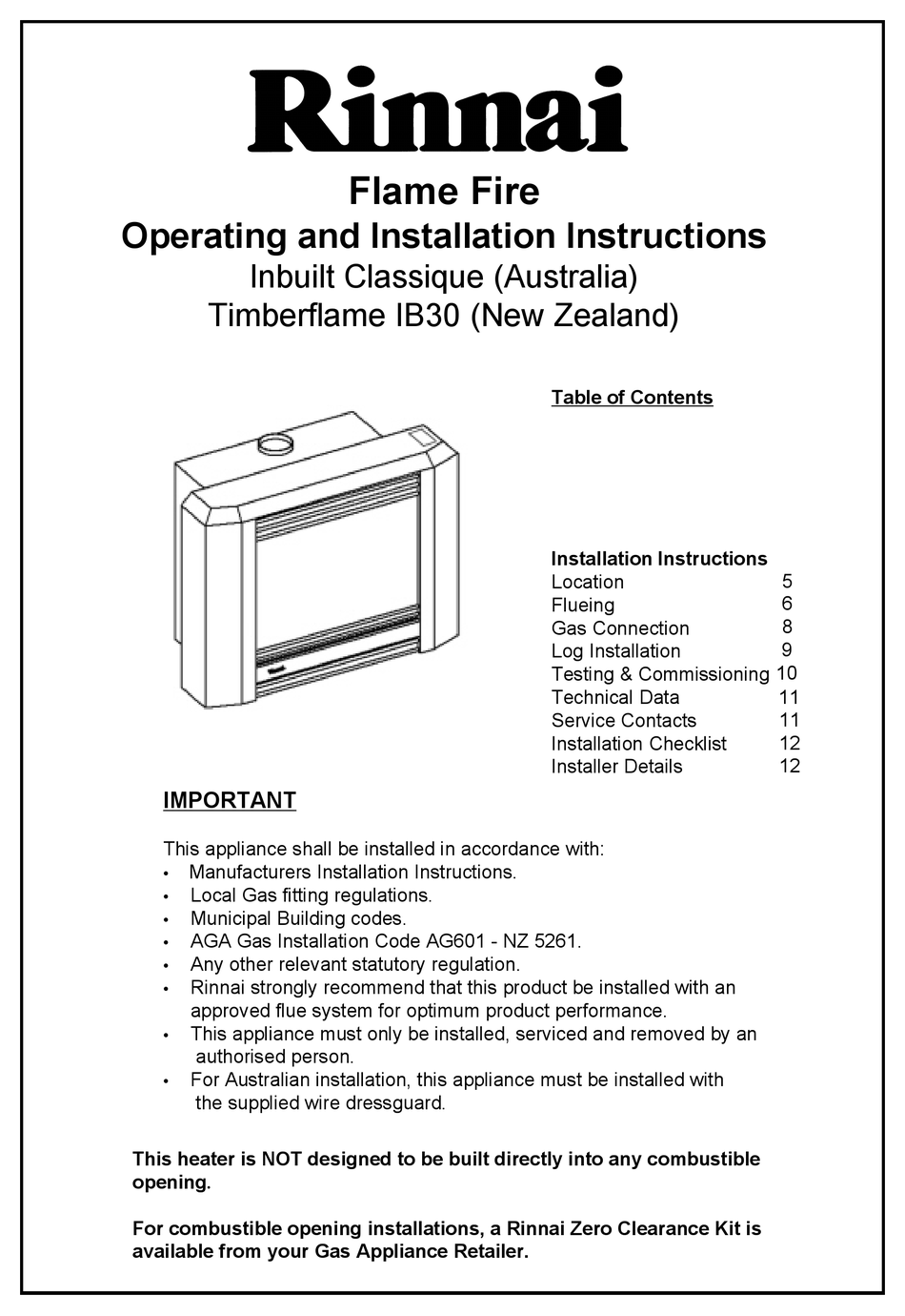 RINNAI TIMBERFLAME IB30 OPERATING AND INSTALLATION INSTRUCTIONS Pdf