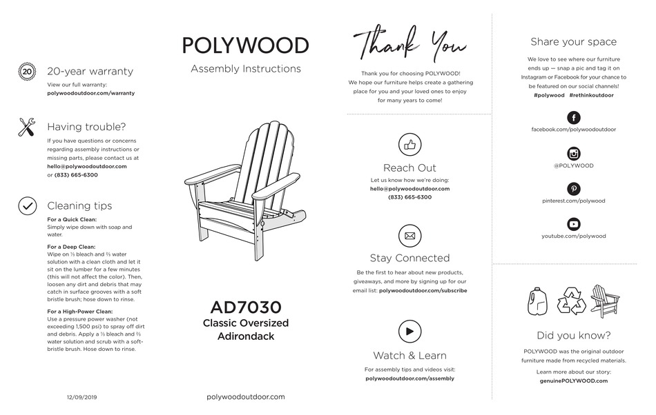 POLYWOOD CLASSIC OVERSIZED ADIRONDACK AD7030 ASSEMBLY INSTRUCTIONS Pdf