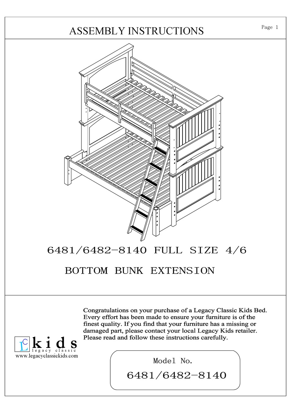 Legacy Classic Kids Full Size 4 6 Bottom Bunk Extension N6481-8140 