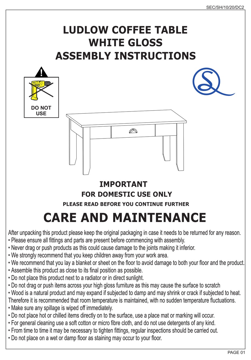 SECONIQUE LUDLOW COFFEE TABLE 300301036 ASSEMBLY INSTRUCTIONS MANUAL