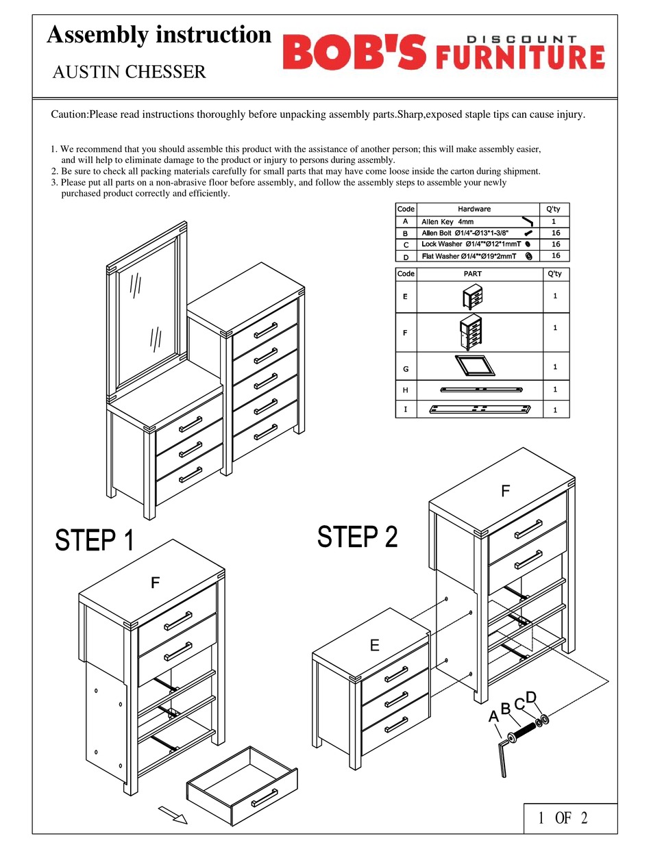 BOB'S DISCOUNT FURNITURE AUSTIN CHESSER 20029737041 ASSEMBLY