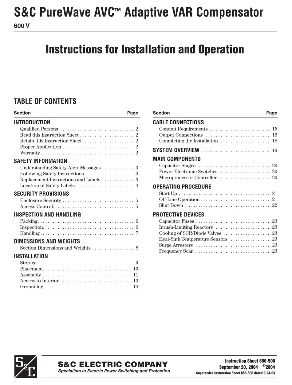 S&C PUREWAVE AVC INSTRUCTIONS FOR INSTALLATION AND OPERATION MANUAL Pdf ...