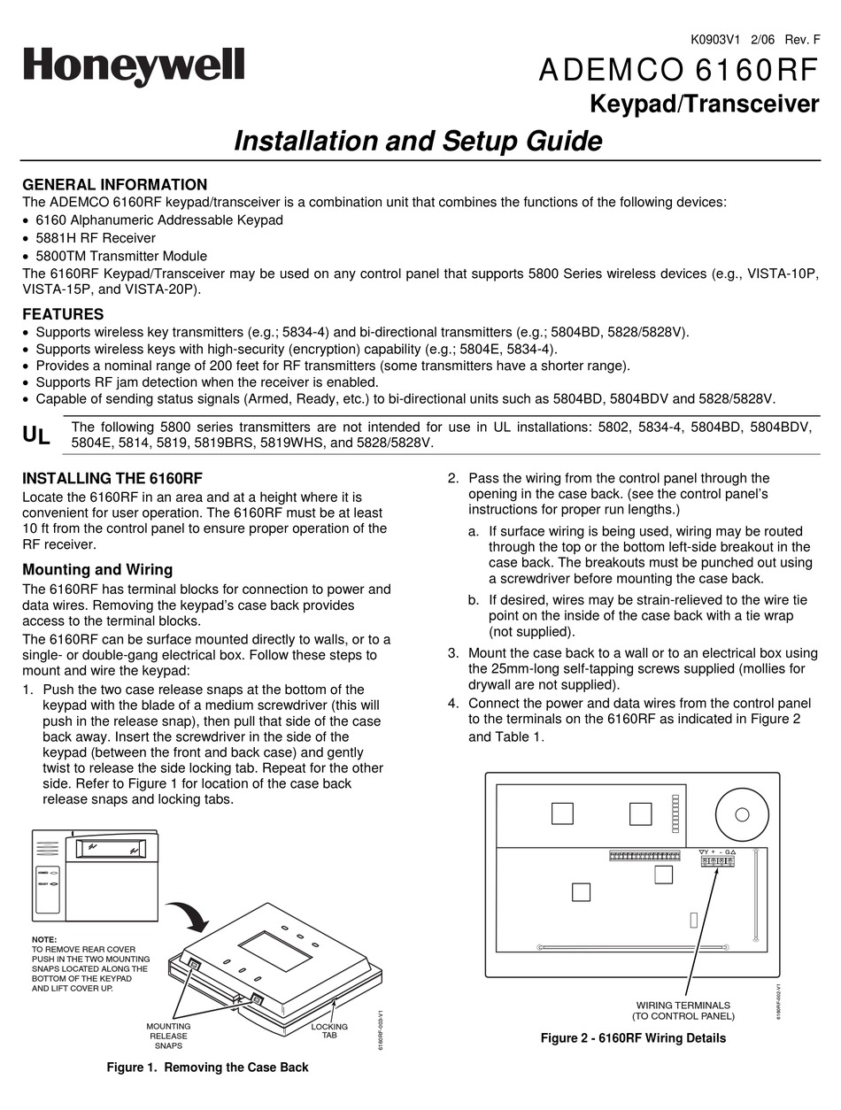 HONEYWELL ADEMCO 6160RF3 INSTALLATION AND SETUP MANUAL Pdf Download