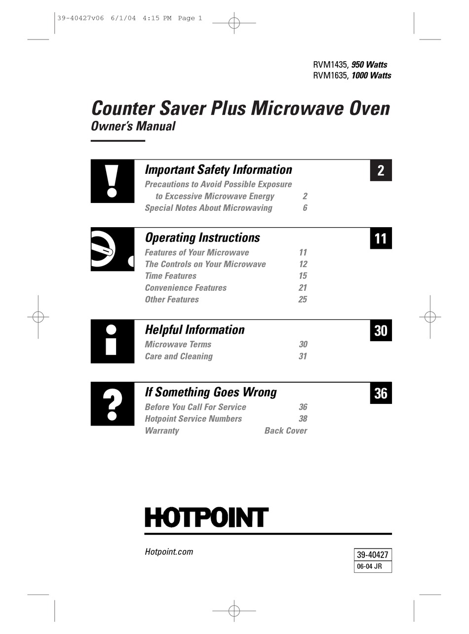 HOTPOINT COUNTER SAVER PLUS RVM1435 OWNER