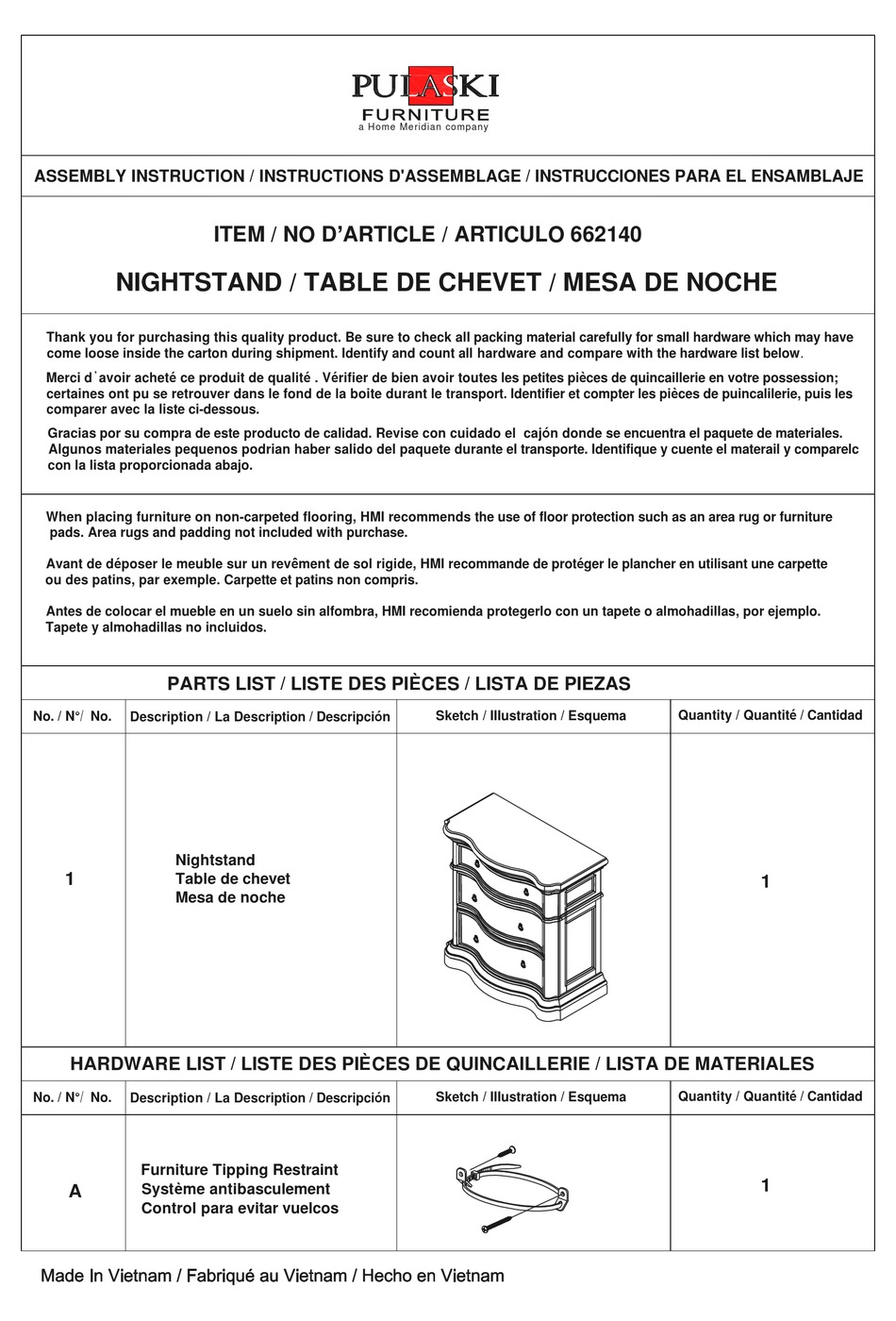 HOME MERIDIAN PULASKI FURNITURE 662140 ASSEMBLY INSTRUCTION Pdf