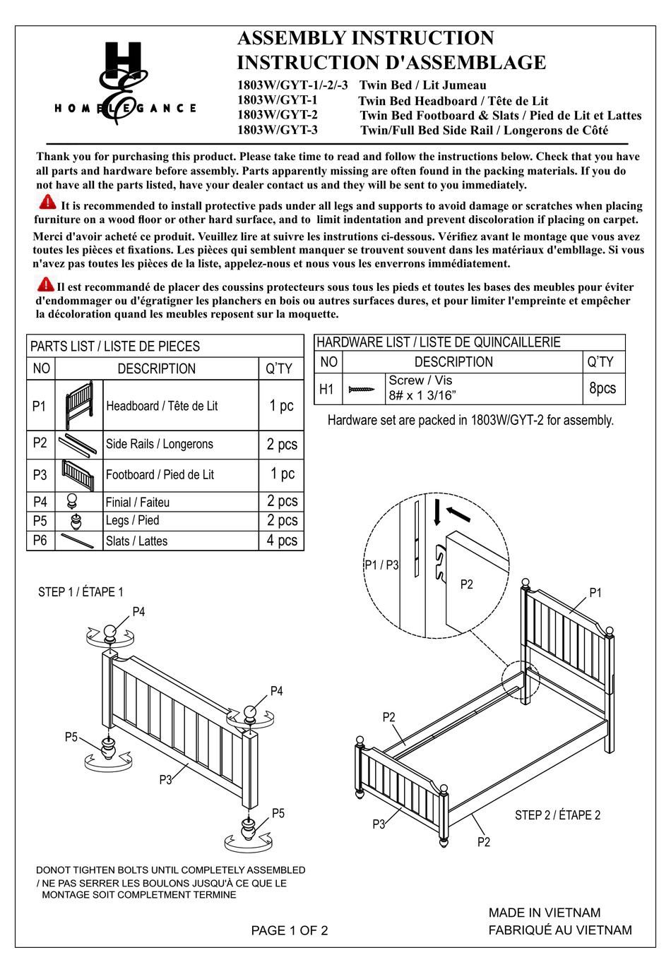 HOMELEGANCE 1803W/GY T-1 ASSEMBLY INSTRUCTION Pdf Download | ManualsLib