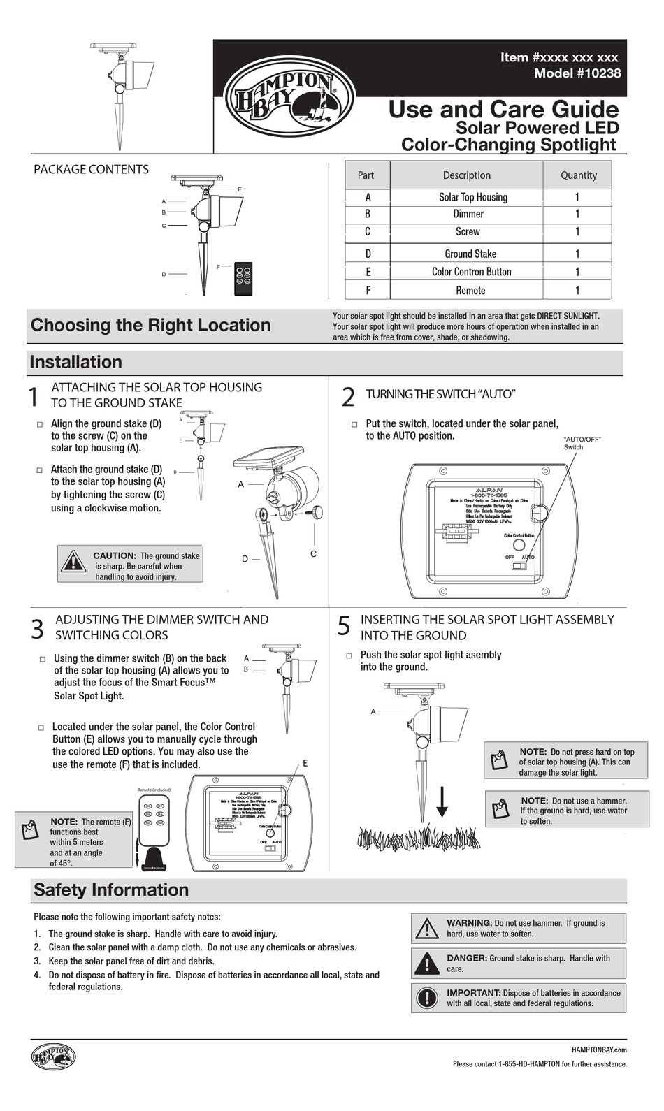 HAMPTON BAY 10238 USE AND CARE MANUAL Pdf Download | ManualsLib