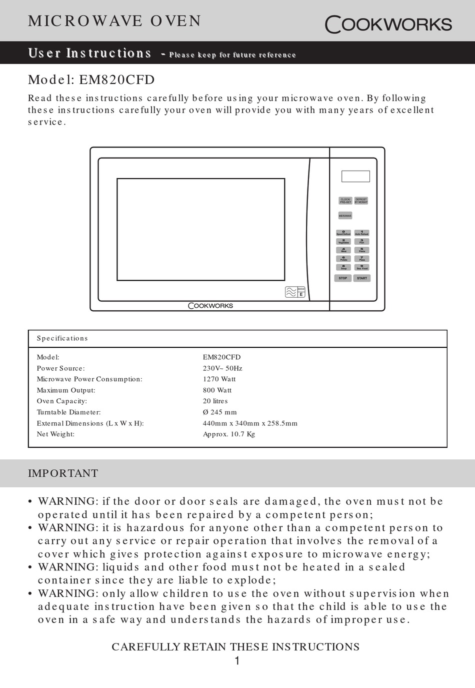 COOKWORKS EM820CFD USER INSTRUCTIONS Pdf Download ManualsLib