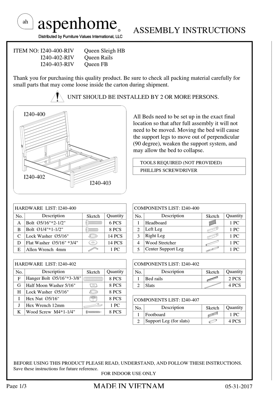 FURNITURE VALUES INTERNATIONAL ASPENHOME I240400RIV ASSEMBLY
