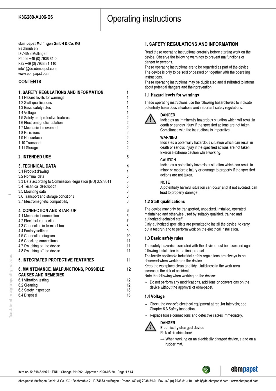 EBMPAPST K3G280AU06B6 OPERATING INSTRUCTIONS MANUAL Pdf Download