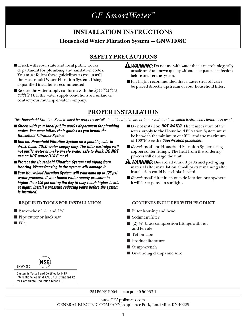 GE SMARTWATER GNWH08C INSTALLATION INSTRUCTIONS Pdf Download ManualsLib