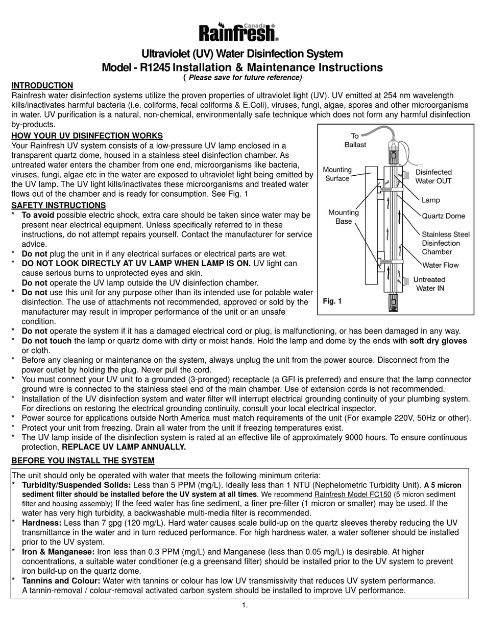 RAINFRESH R1245 INSTALLATION & MAINTENANCE INSTRUCTIONS MANUAL Pdf