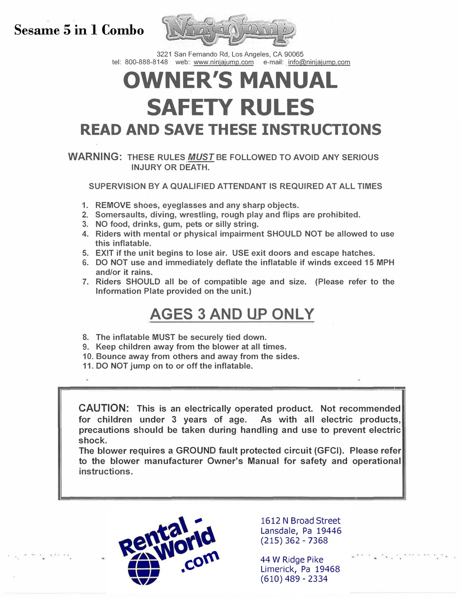 NINJA JUMP SESAME 5 IN 1 COMBO OWNER'S MANUAL Pdf Download ManualsLib