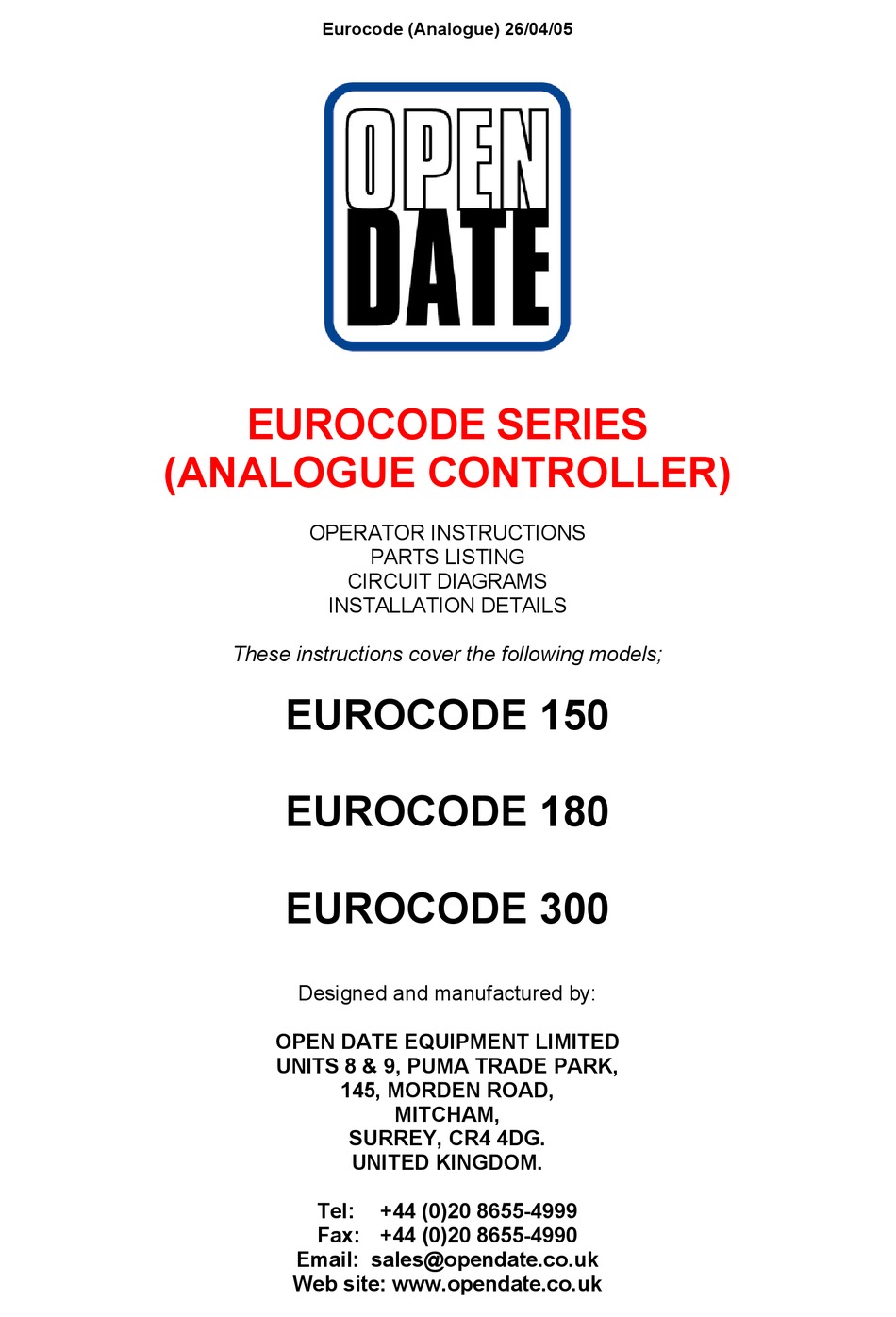 OPEN DATE EQUIPMENT EUROCODE SERIES OPERATOR INSTRUCTIONS MANUAL Pdf ...