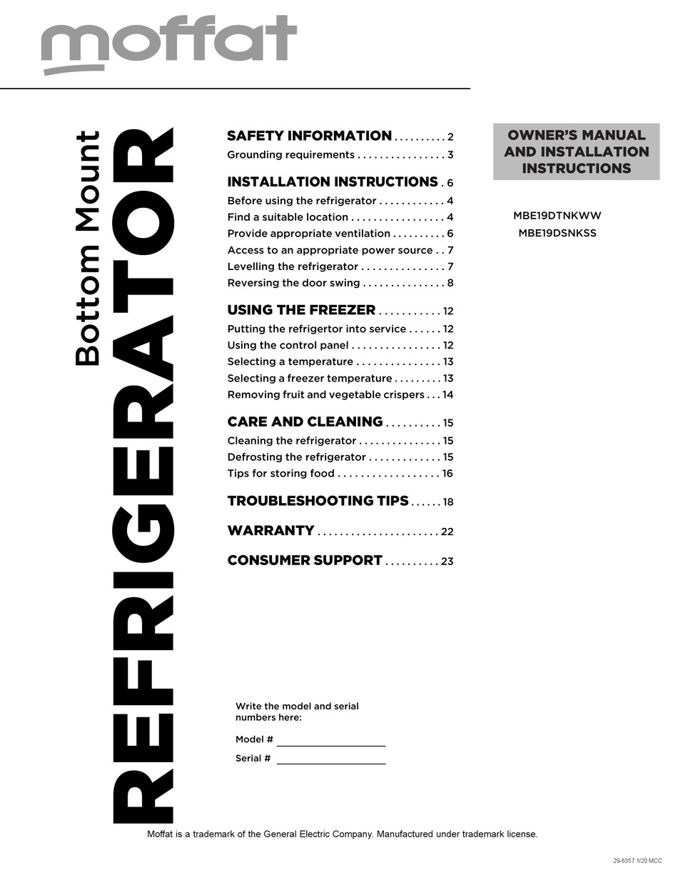 MOFFAT MBE19DTNKWW OWNER’S MANUAL AND INSTALLATION INSTRUCTION Pdf