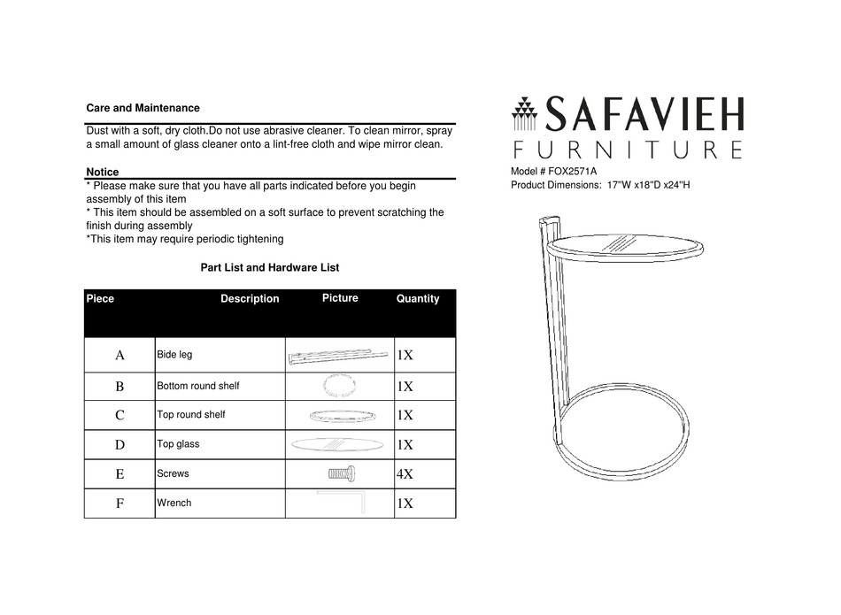 SAFAVIEH FURNITURE FOX2571A ASSEMBLY INSTRUCTIONS Pdf Download ManualsLib