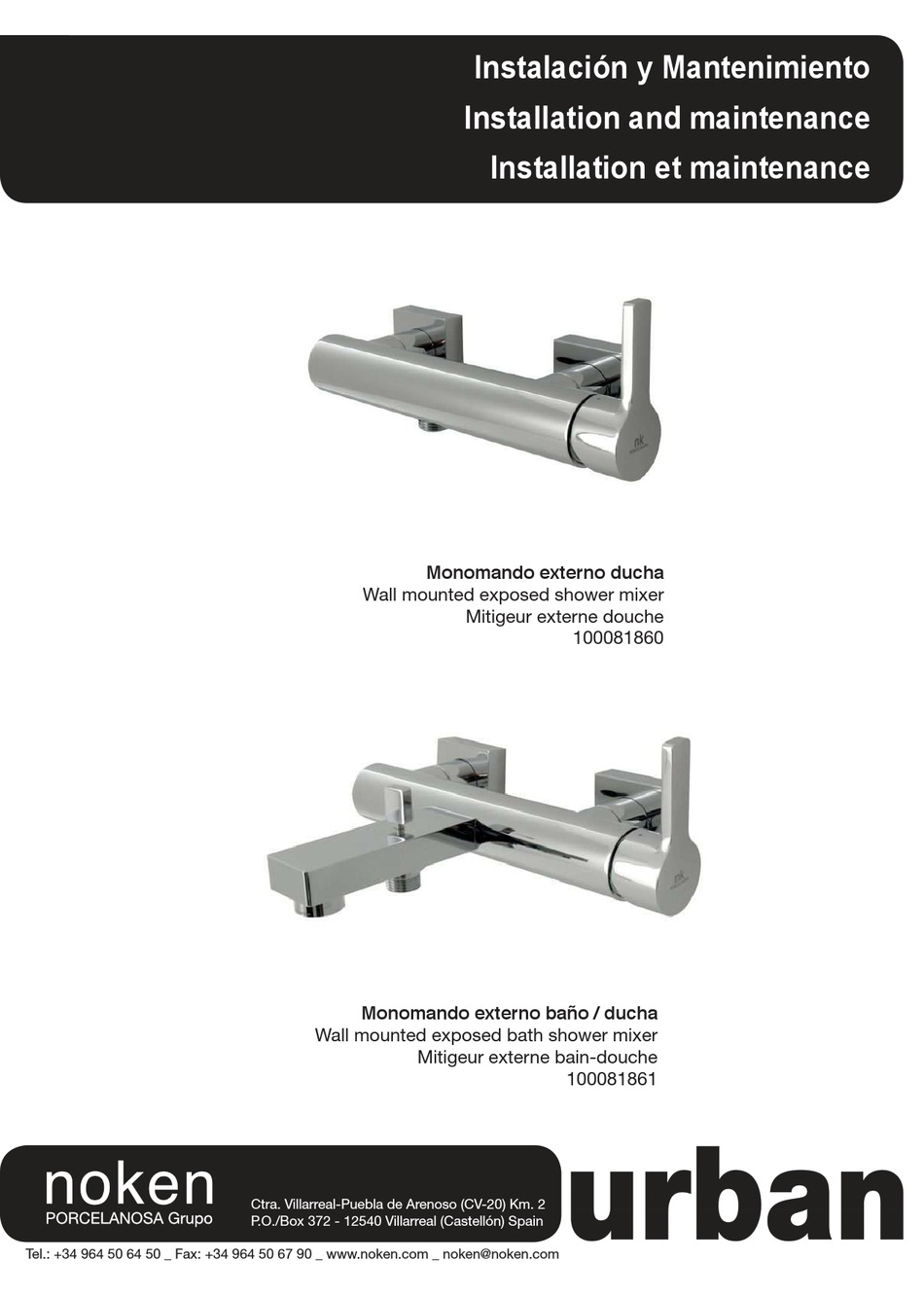 PORCELANOSA NOKEN URBAN 100081861 INSTALLATION AND MAINTENANCE MANUAL