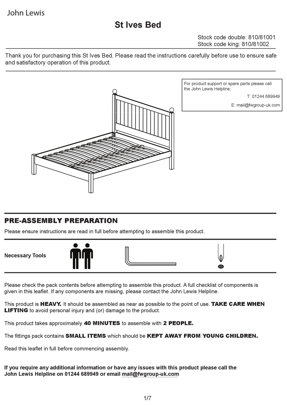 JOHN LEWIS ST IVES BED 810/81001 INSTRUCTIONS MANUAL Pdf Download