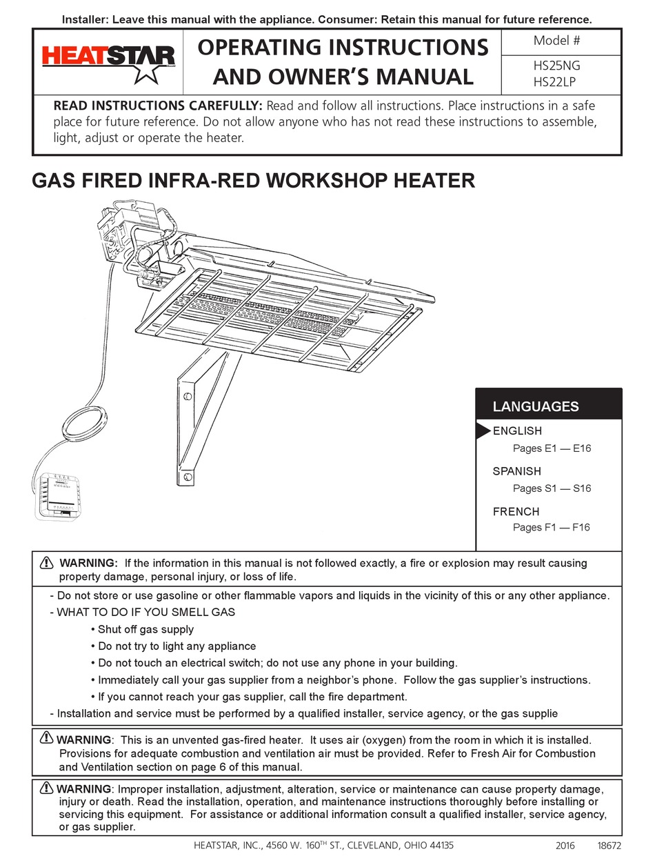HEATSTAR HS22LP OPERATING INSTRUCTIONS AND OWNER'S MANUAL Pdf Download