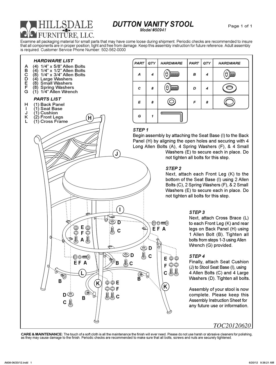 HILLSDALE FURNITURE DUTTON VANITY STOOL 50941 ASSEMBLY INSTRUCTIONS Pdf