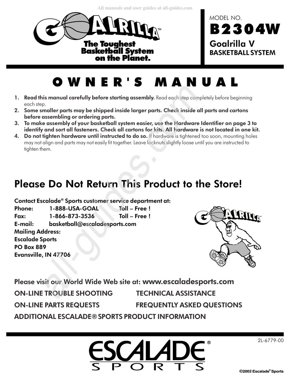 ESCALADE GOALRILLA V B2304W OWNER'S MANUAL Pdf Download ManualsLib