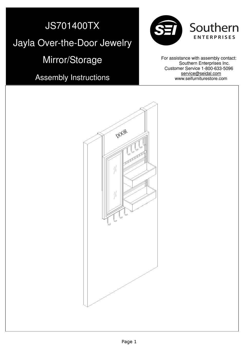 SOUTHERN ENTERPRISES JAYLA JS701400TX ASSEMBLY INSTRUCTIONS MANUAL Pdf