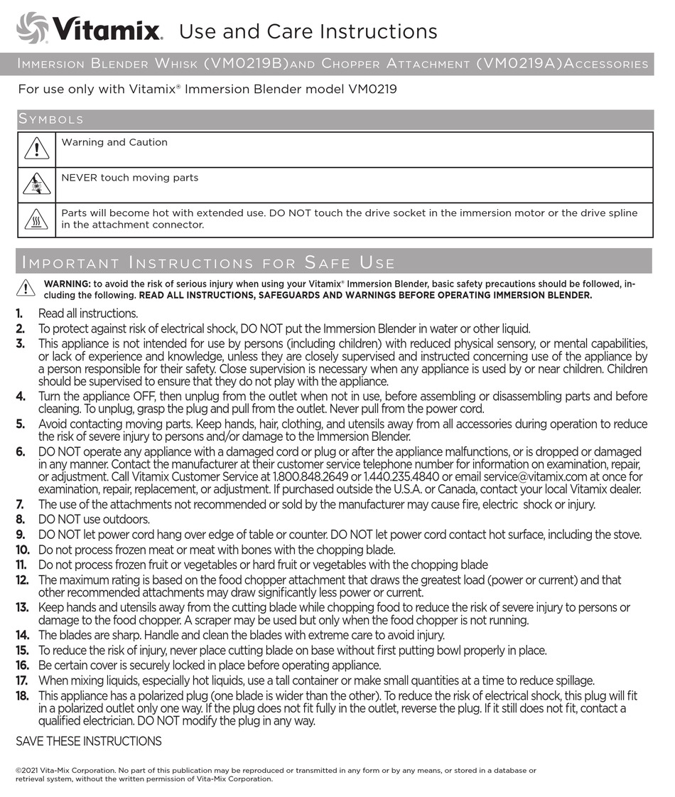VITAMIX VM0219B USE AND CARE INSTRUCTIONS MANUAL Pdf Download ManualsLib