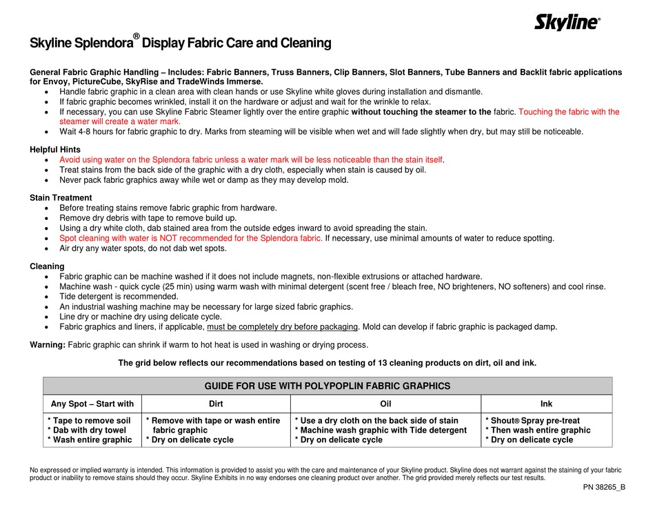 SKYLINE SPLENDORA DISPLAY FABRIC CARE AND CLEANING Pdf Download