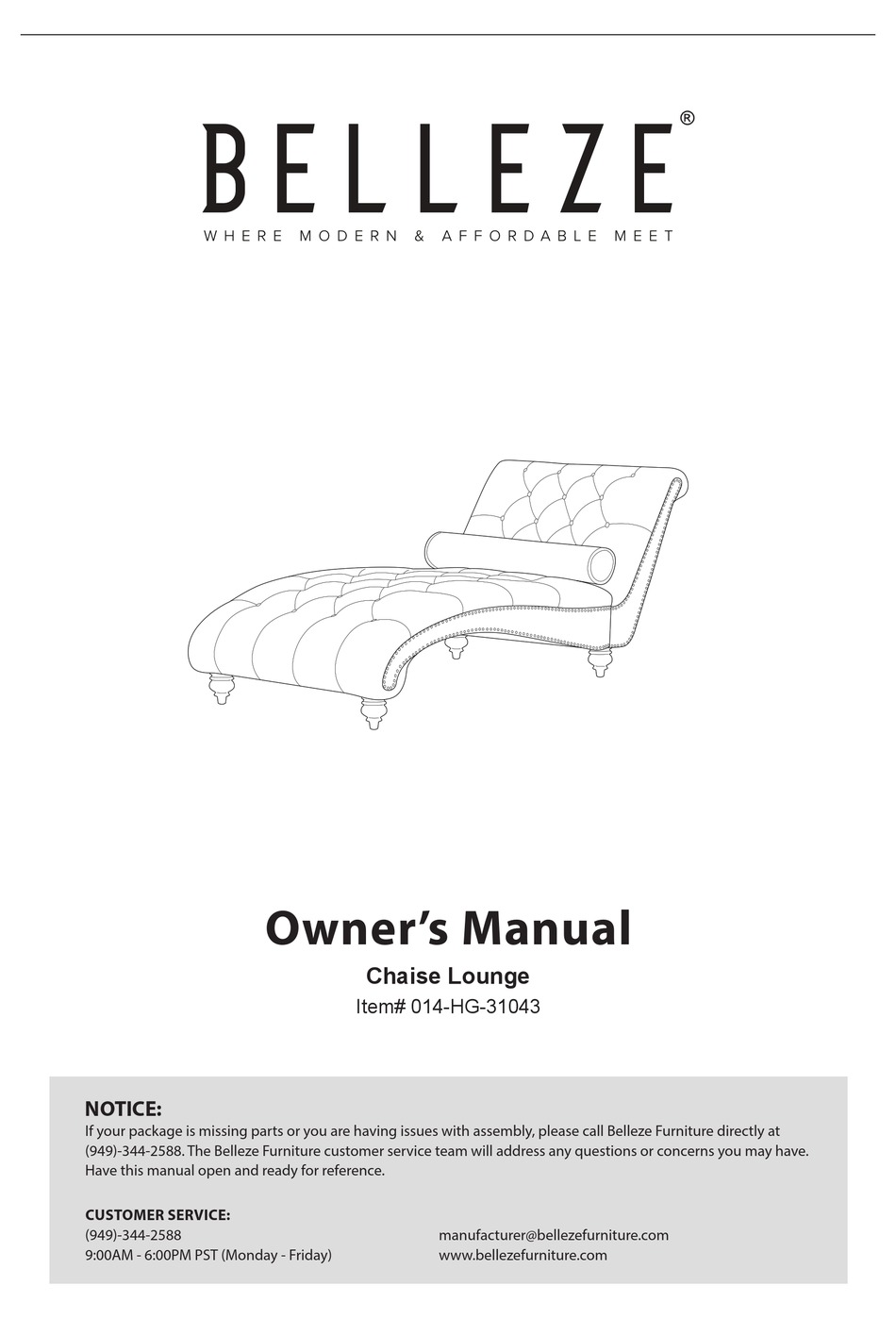 BELLEZE 014HG31043 OWNER'S MANUAL Pdf Download ManualsLib