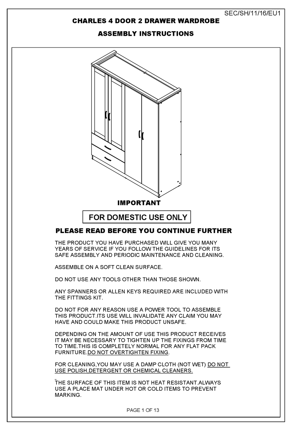 SECONIQUE CHARLES 4 DOOR 2 DRAWER WARDROBE ASSEMBLY INSTRUCTIONS MANUAL