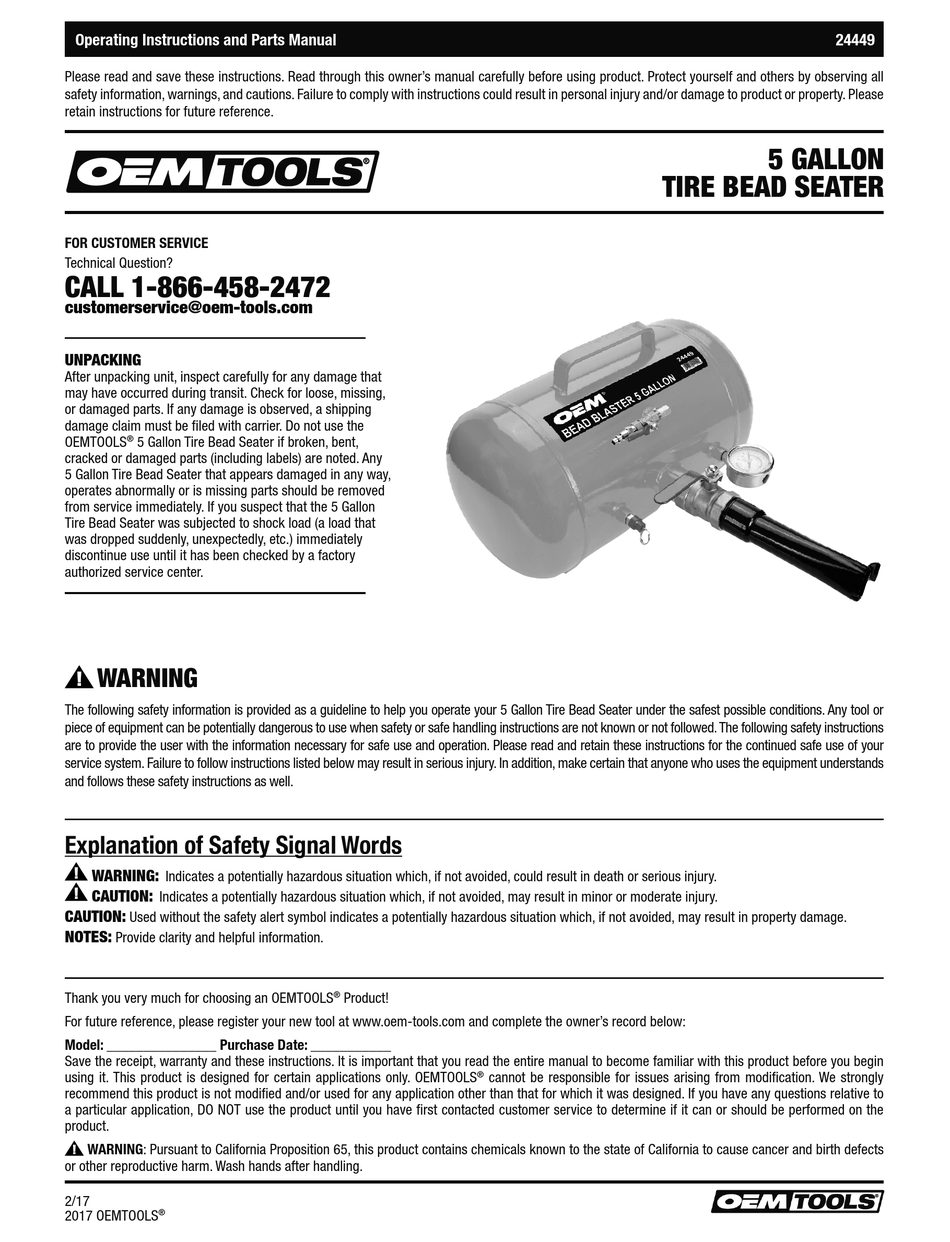 OEM TOOLS 24449 OPERATING INSTRUCTIONS AND PARTS MANUAL Pdf Download