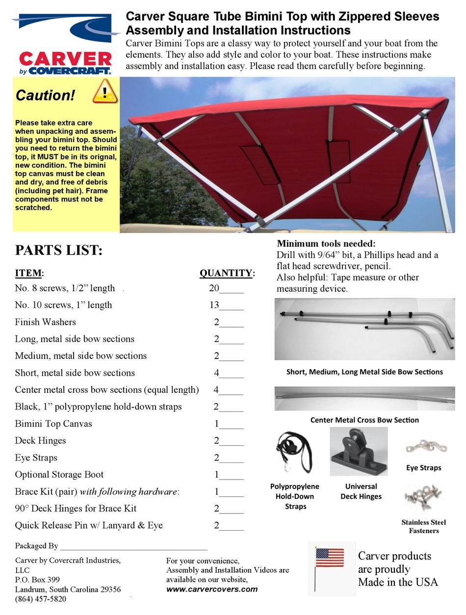 COVERCRAFT BIMINI ASSEMBLY AND INSTALLATION INSTRUCTIONS Pdf Download